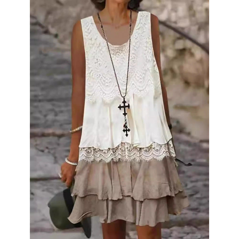 Damen lässiges Strandkleid mit Spitzenverzierung und voluminösem Rüschensaum R&B