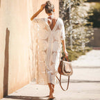Damen Elegantes Häkel-Strandüberwurfkleid mit voluminösen Ärmeln und V-Ausschnitt R&B