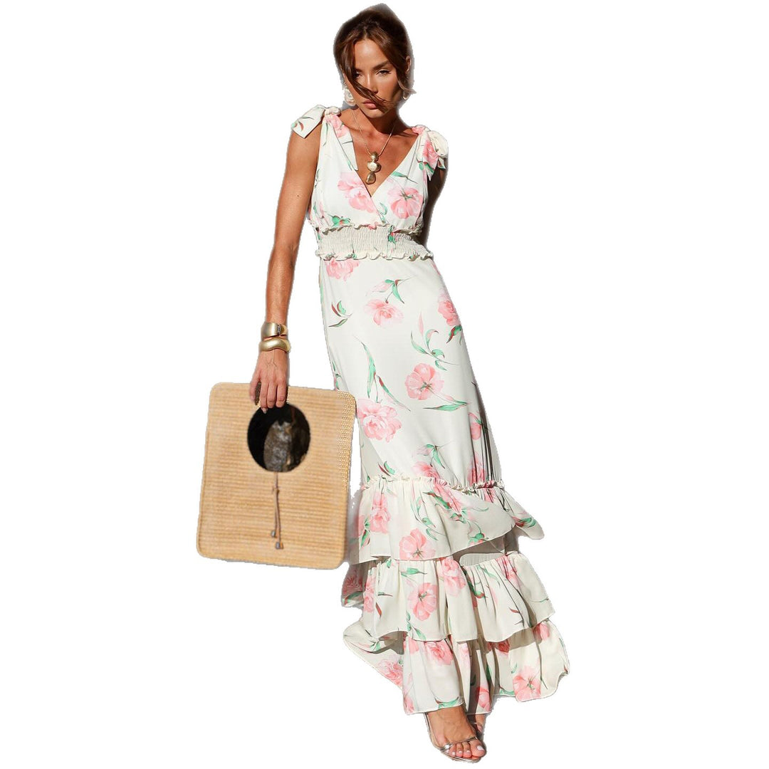 Damen Maxikleid mit floralen Rüschen und schwingendem Saum R&B