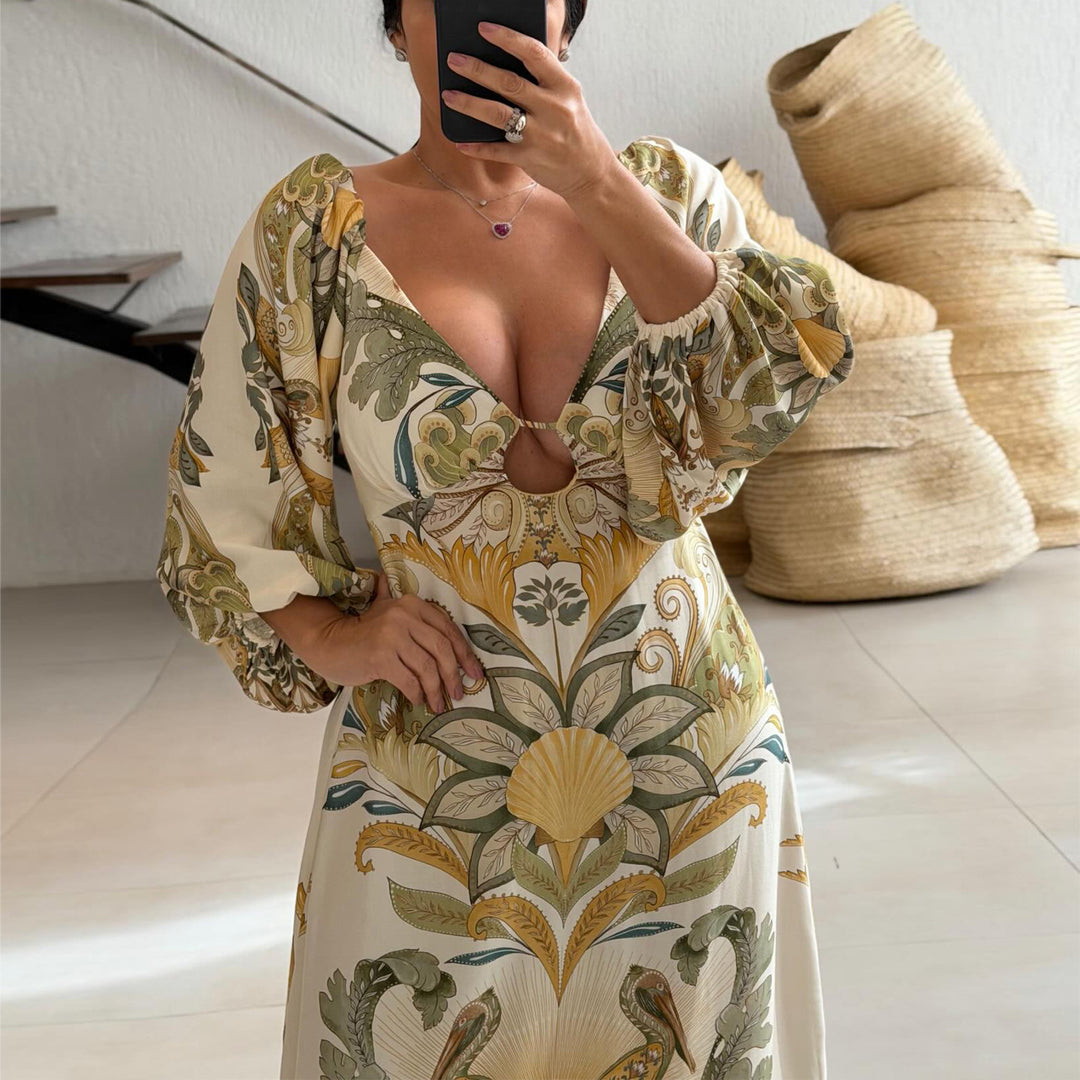 Damen Maxikleid mit kunstvollem Floral-Design und tiefem V-Ausschnitt R&B