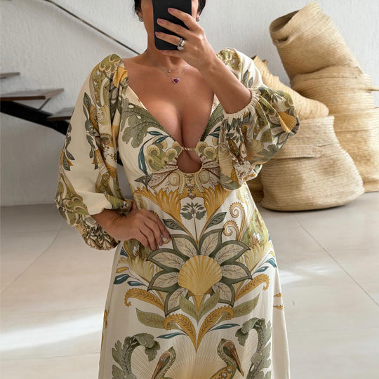Damen Maxikleid mit kunstvollem Floral-Design und tiefem V-Ausschnitt R&B