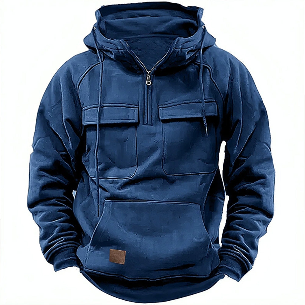 Herren Utility Hoodie mit aufgesetzten Taschen und halbem Reißverschluss