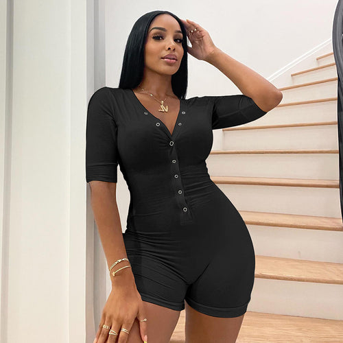 Damen Figurenbetonter Jumpsuit mit modischem V-Ausschnitt und praktischen Knopfdetails R&B