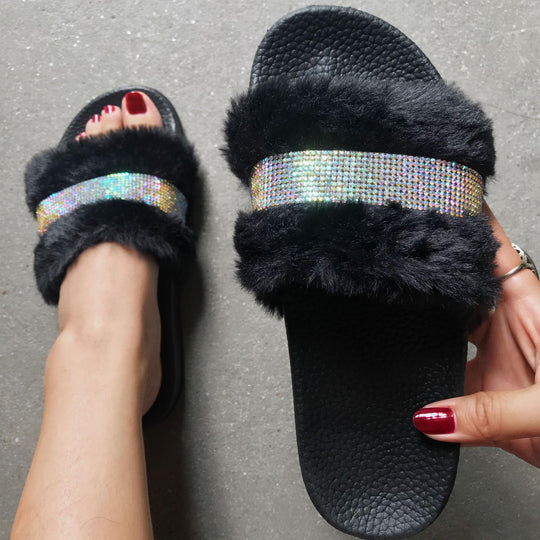 Damen Flauscher Slides mit Strass-Applikation R&B