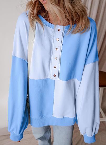 Damen lässiger Kapuzenpullover mit Knopfdetails und Farbblockdesign R&B