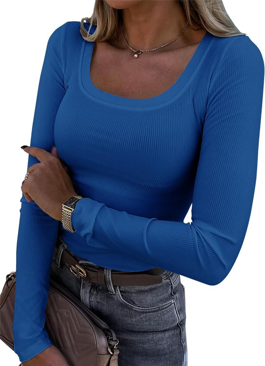 Damen Langarm Ripp-T-Shirt mit elegantem U-Boot-Ausschnitt R&B