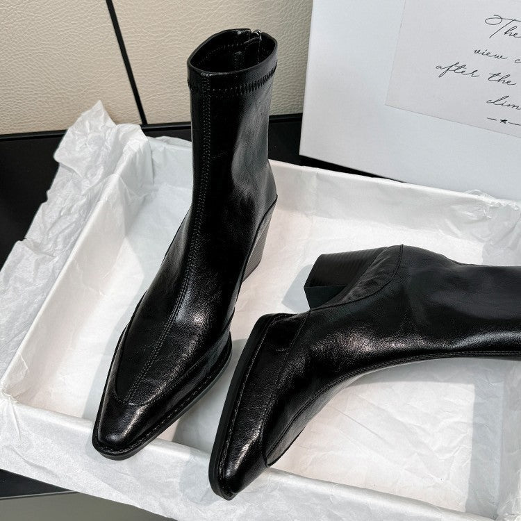Damen elegante Ankle Boots mit robustem Blockabsatz und spitz zulaufender Zehenpartie