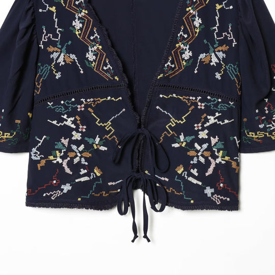 Damen Kurzblusenkimono mit kunstvollem Stickmuster und Taillenschnürung R&B