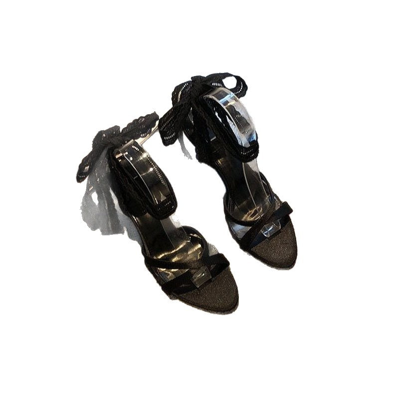 Damen transparente High Heel Sandalen mit Spitzen- und Rüschendetails R&B