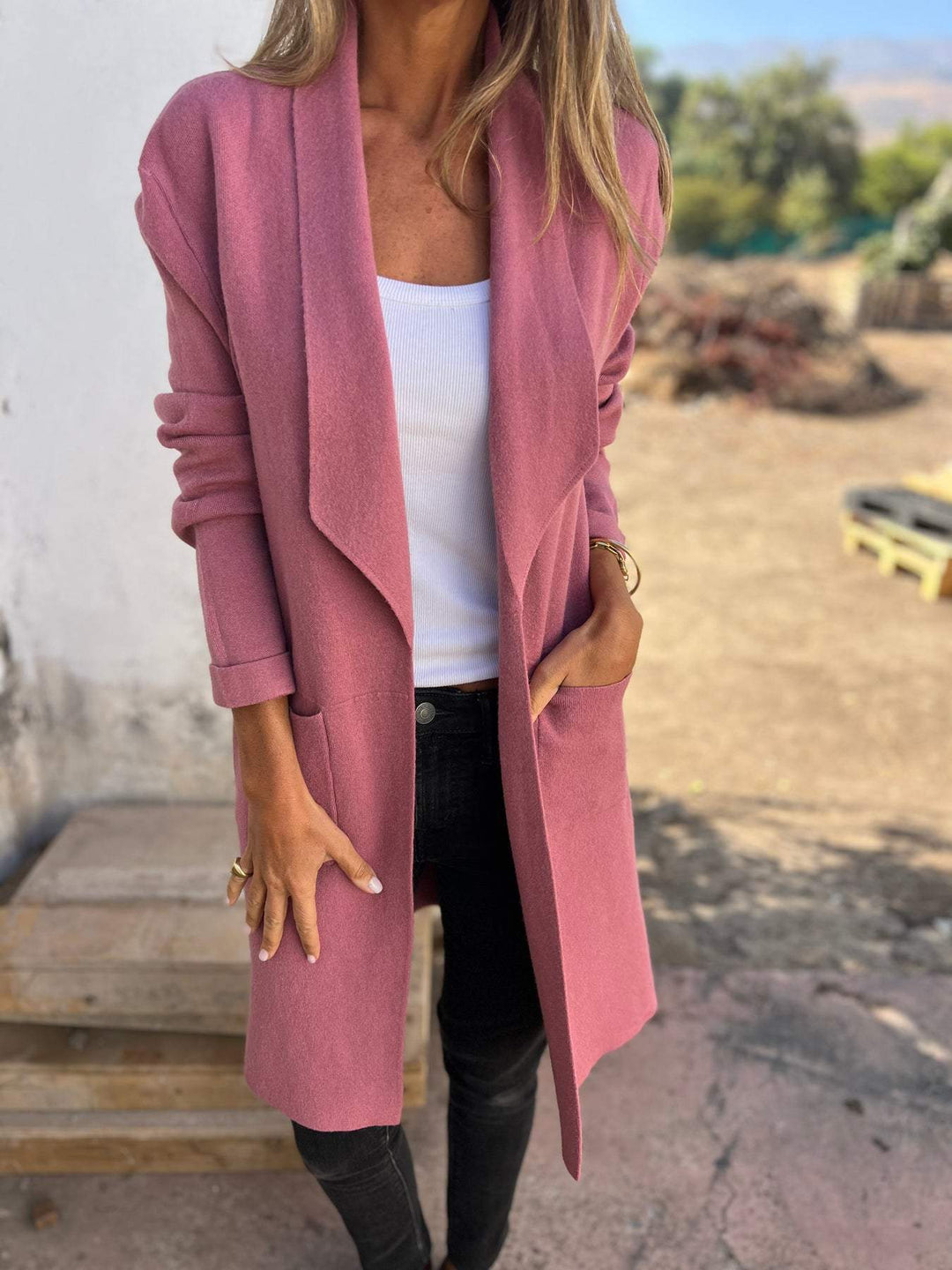 R&B | Einfarbiger Langer Taschen Wollstrickjacke
