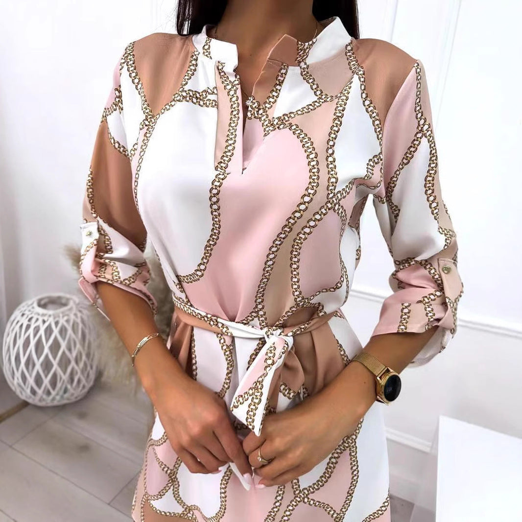 Damen nan locker fallendes Hemdblusen-Kleid mit Kettendruck, abnehmbarem Taillengürtel und krempelbaren Dreiviertelärmeln R&B