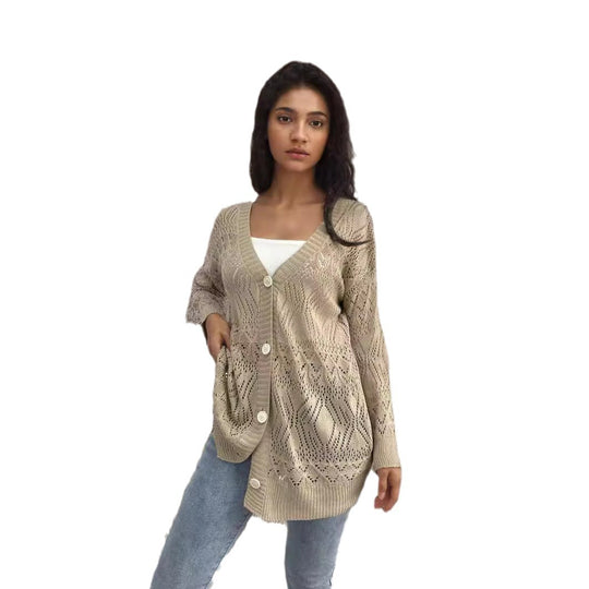 Damen Strickjacke mit luftiger Lochmusterung und schönen Knöpfen R&B
