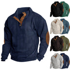 Herren nan gerippter Baumwollmix-Pullover mit Stehkragen, Knopfleiste und Lederoptik-Ellenbogenpatches R&B