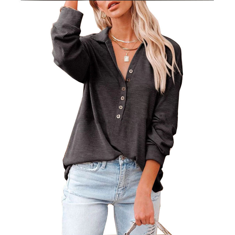 Damen nan lässiges Waffel-Polohemd mit Henley-Knopfleiste und überschnittener Schulter R&B