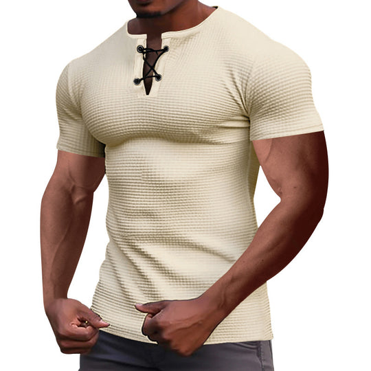Herren nan Kurzarmshirt mit Schnürkragen, Metallösen und feinem Strukturjersey R&B
