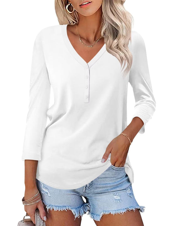 Damen Langarm T-Shirt mit Knopfleiste und V-Ausschnitt R&B