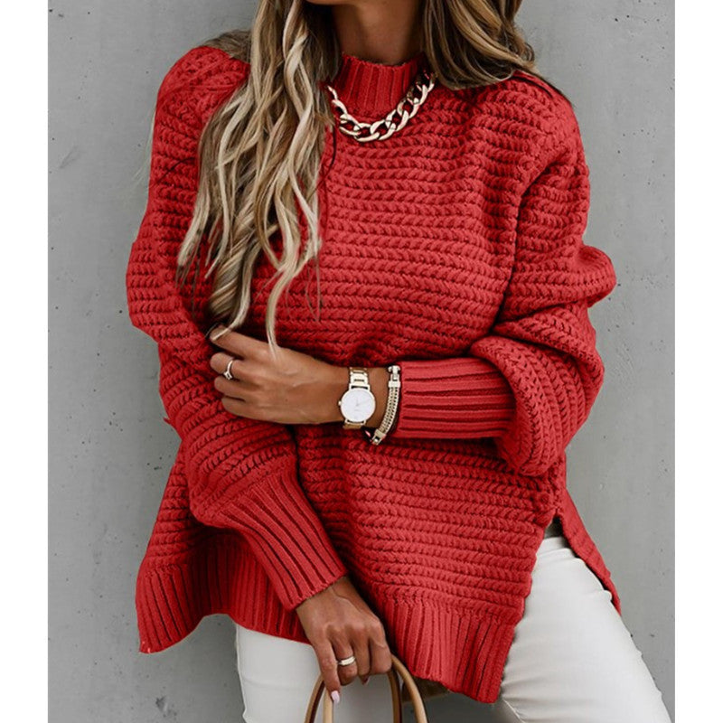 Damen Grobstrickpullover mit modernem Strukturdesign und hohen Kragen R&B