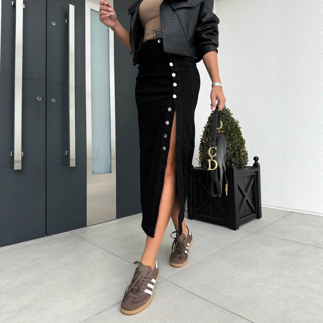 Damen Baumwoll-Denimrock mit Knopfleiste und Schlitz R&B