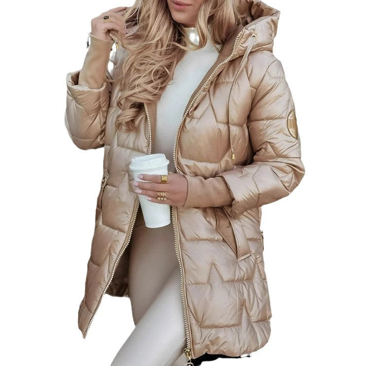 Damen Lange Steppjacke mit Kapuze und praktischen Taschen R&B