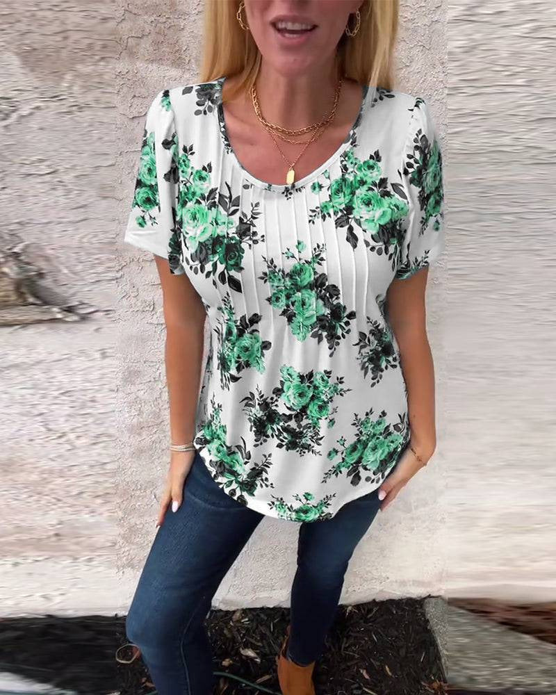Damen nan Kurzarmbluse mit Kellerfalten, Rundhalsausschnitt und floralem Allover-Print R&B