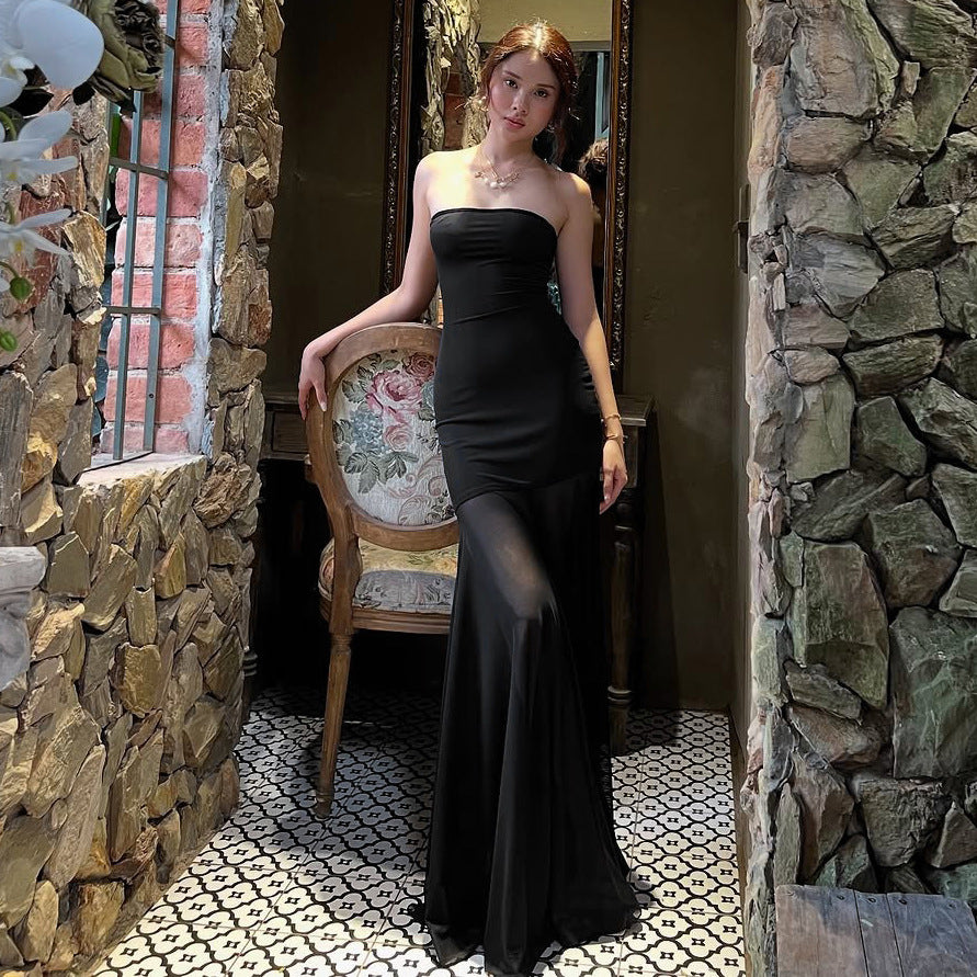 Damen Strapless Maxikleid mit fließendem Rock R&B