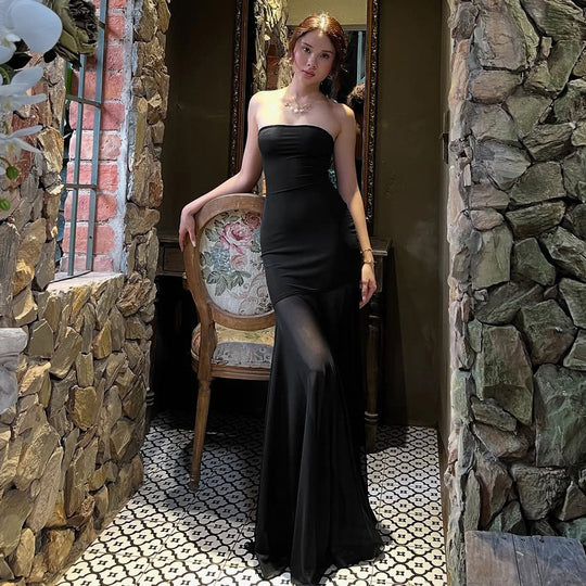 Damen Strapless Maxikleid mit fließendem Rock R&B