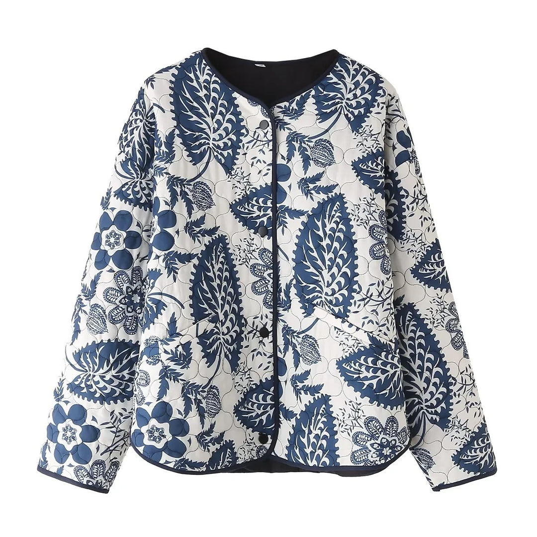 Damen gestepptes Blumenjacke mit innovativen Tasche und Rundhals R&B