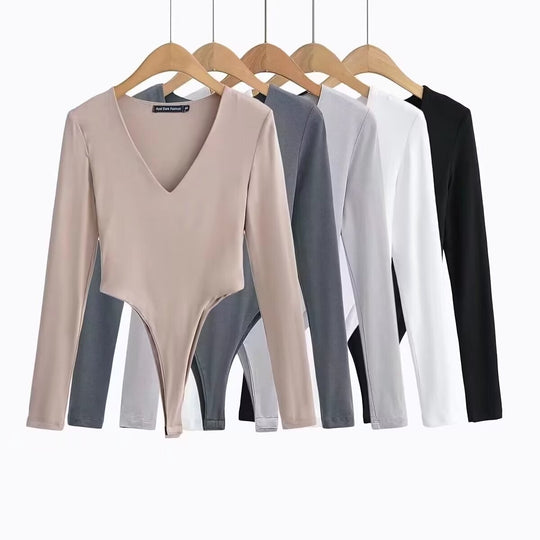 Damen figurbetontes Langarmbodysuit mit tiefem V-Ausschnitt R&B