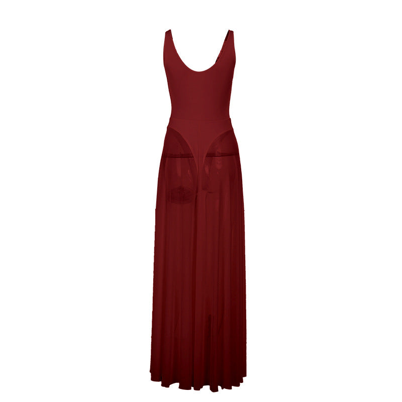 Damen Stilvolles Maxikleid mit transparentem Rock und elegantem V-Ausschnitt R&B