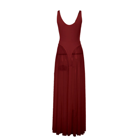 Damen Stilvolles Maxikleid mit transparentem Rock und elegantem V-Ausschnitt R&B