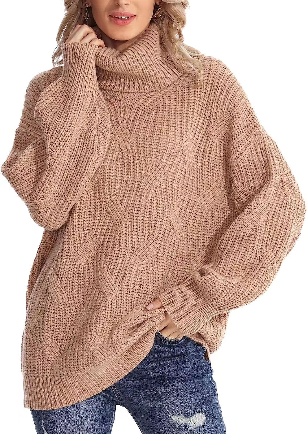 Damen Grobstrickpullover mit hohem Kragen und strukturiertem Zopfmuster R&B