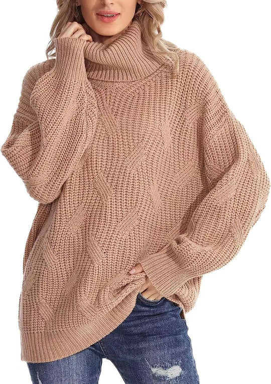 Damen Grobstrickpullover mit hohem Kragen und strukturiertem Zopfmuster R&B