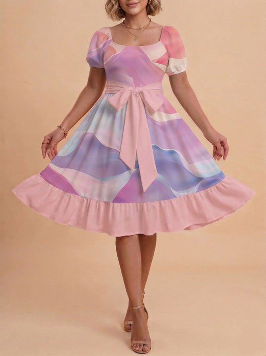 Damen Retro Maxikleid mit Puffärmeln und Taillengürtel R&B