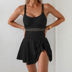 Damen eleganter einteiliger Badeanzug mit durchsichtigen Einsätzen und seitlichem Rock R&B