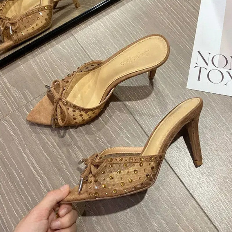 Damen elegante Mules mit zierlicher Schleifenverzierung und funkelnden Akzenten R&B