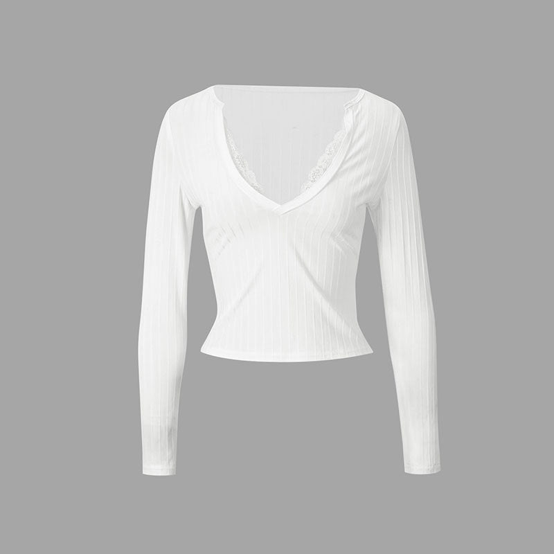Damen Top mit feinen Rippdetails und elegantem V-Ausschnitt R&B