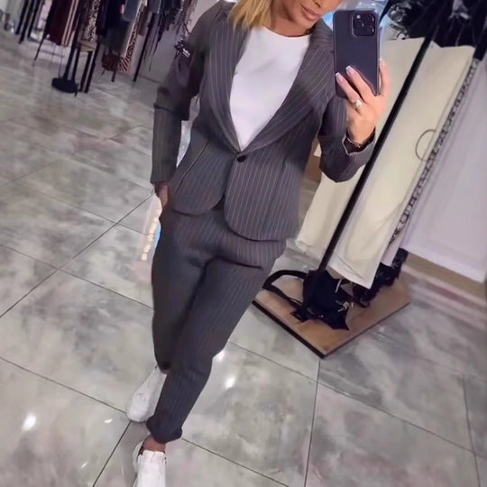 Damen Elegantes Blazer-Hosen-Set mit feinen Streifen R&B