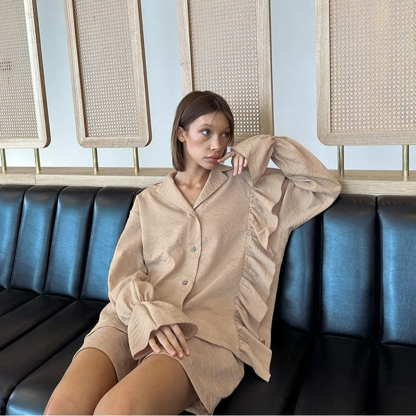 Damen Lässiges Kurzarm-Pyjama-Set mit Rüschendetails R&B