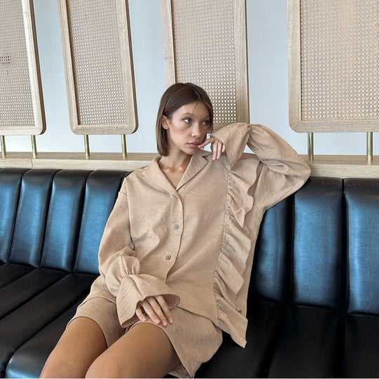 Damen Lässiges Kurzarm-Pyjama-Set mit Rüschendetails R&B