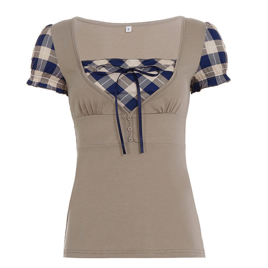 Damen modisches Oberteil mit asymmetrischem Karomuster und eleganten Rüschendetails R&B