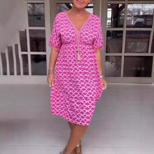Damen Sommerliches Kleid mit fransierten Ärmeln und elegantem V-Ausschnitt Heidi-Mode