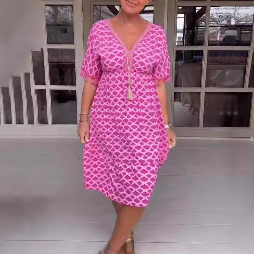 Damen nan lässiges V-Ausschnitt Strandkleid mit Quastenbindeband und Volantrock R&B