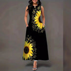 Damen Maxikleid mit floralem Sonnenblumenmuster und raffinierten Taschen R&B