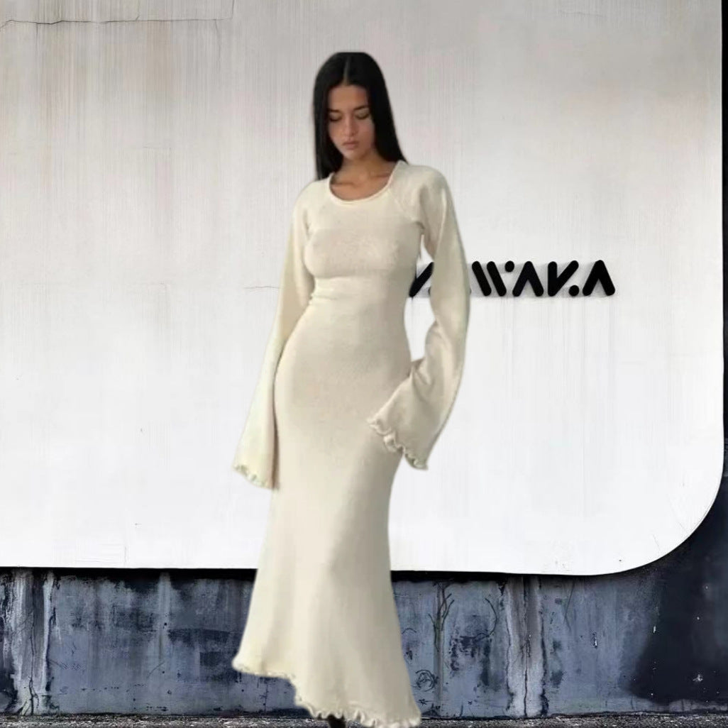 Damen Elegantes Maxikleid mit raffiniertem Rippdesign und fransigen Ärmeln R&B