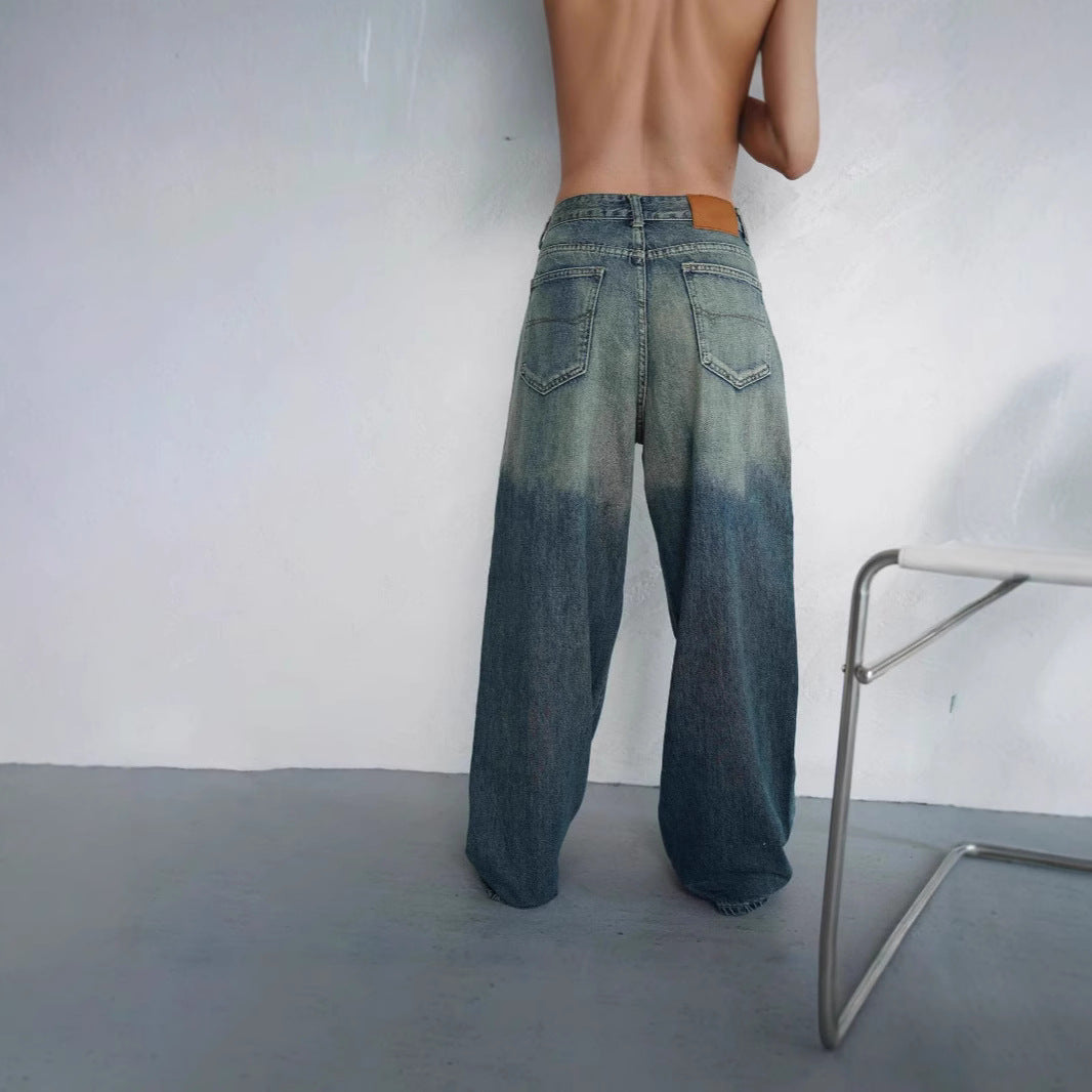 Damen lockere High-Waist Jeans mit angesagtem Farbverlauf und weitem Bein R&B