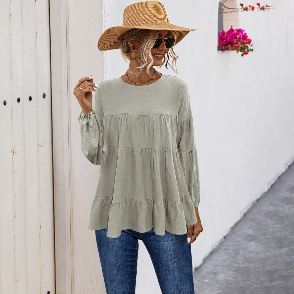 Damen lässige Tunika mit Rüschendetails und weitem Schnitt R&B