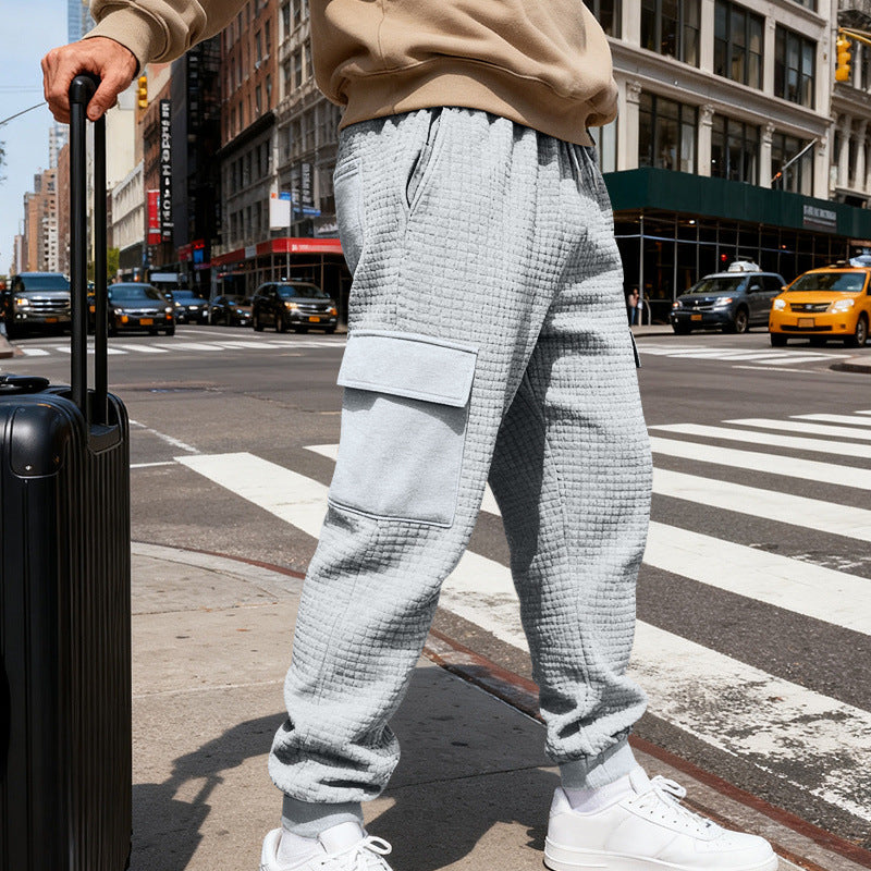 Herren nan Waffelstruktur Cargohose im Joggingstil mit Klappentaschen und elastischem Bund R&B