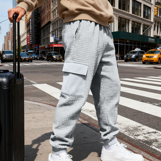 Herren nan Waffelstruktur Cargohose im Joggingstil mit Klappentaschen und elastischem Bund R&B