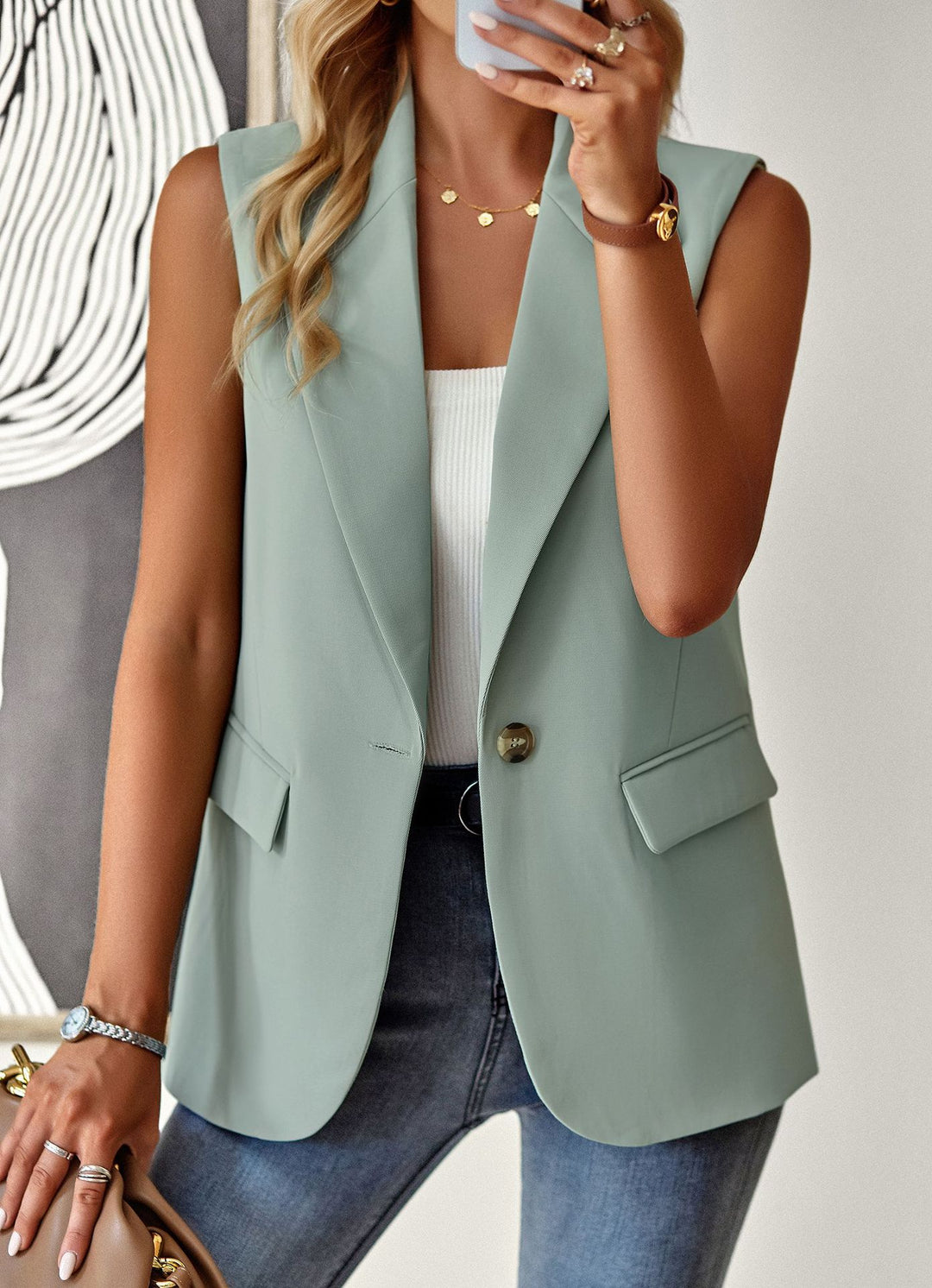 Damen ärmelloses Blazer-Oberteil mit taillierter Silhouette R&B