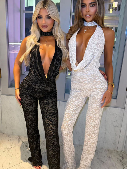 Damen Jumpsuit aus feiner Spitze mit tiefem V-Ausschnitt und eleganter Rückenpartie R&B